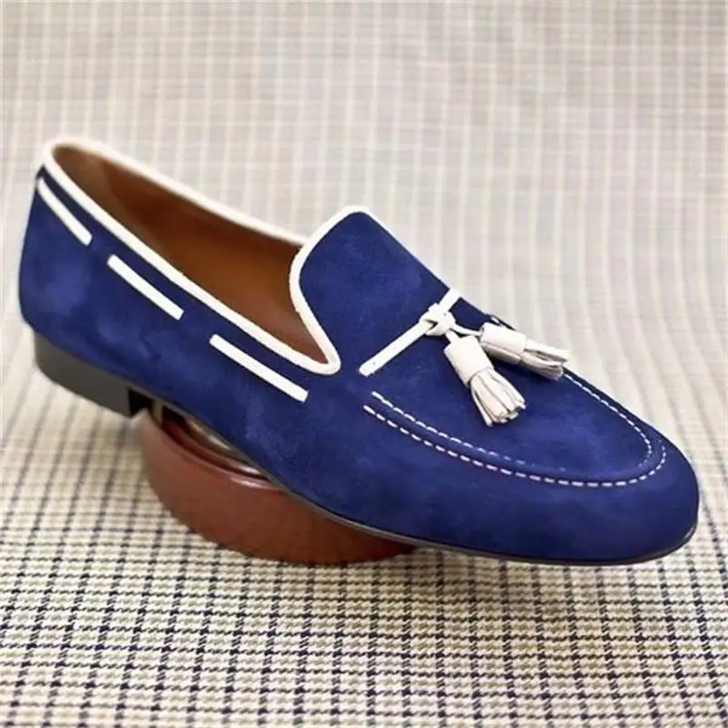

Loafers Men Shoes Faux Suede Ankle Slip on Blue Classic Wedding Party White Fringed Gentleman Dress Shoes Chaussure Homme KP701