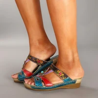 new women casual slippers fashion flower ethnic style wedge roman sandals outdoor platform comfortable beach shoes chinelo nuvem