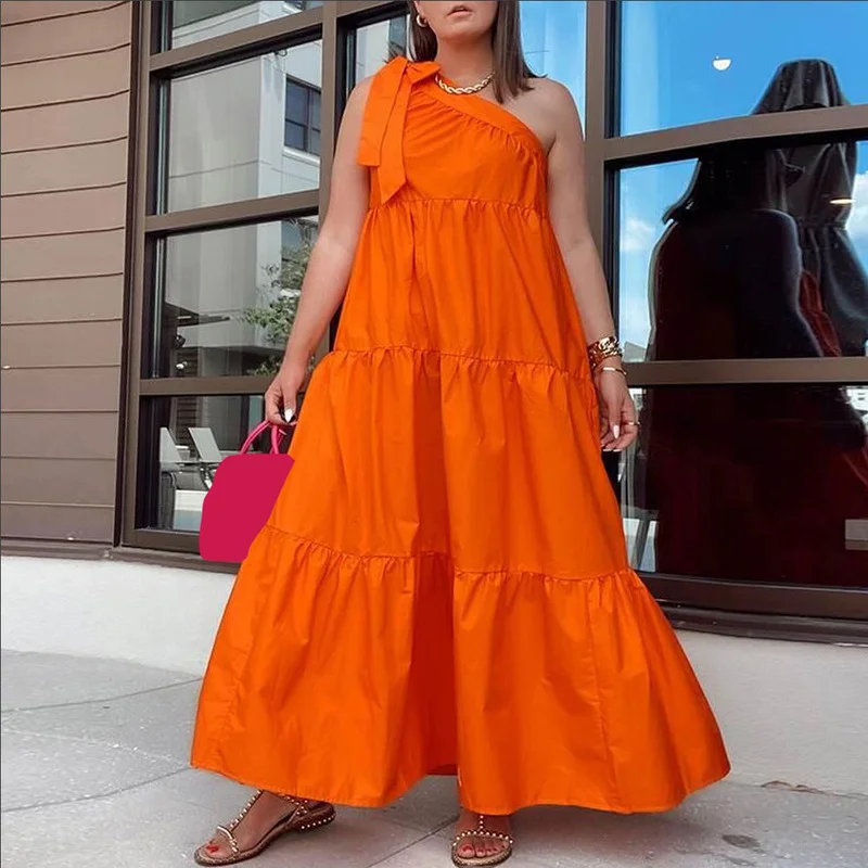 

WUHE Bow One Shoulder Maxi Dress Women Summer Streetwear Casual A-line Long Dress Holiday Big Swing Beach Party Dresses Vestidos