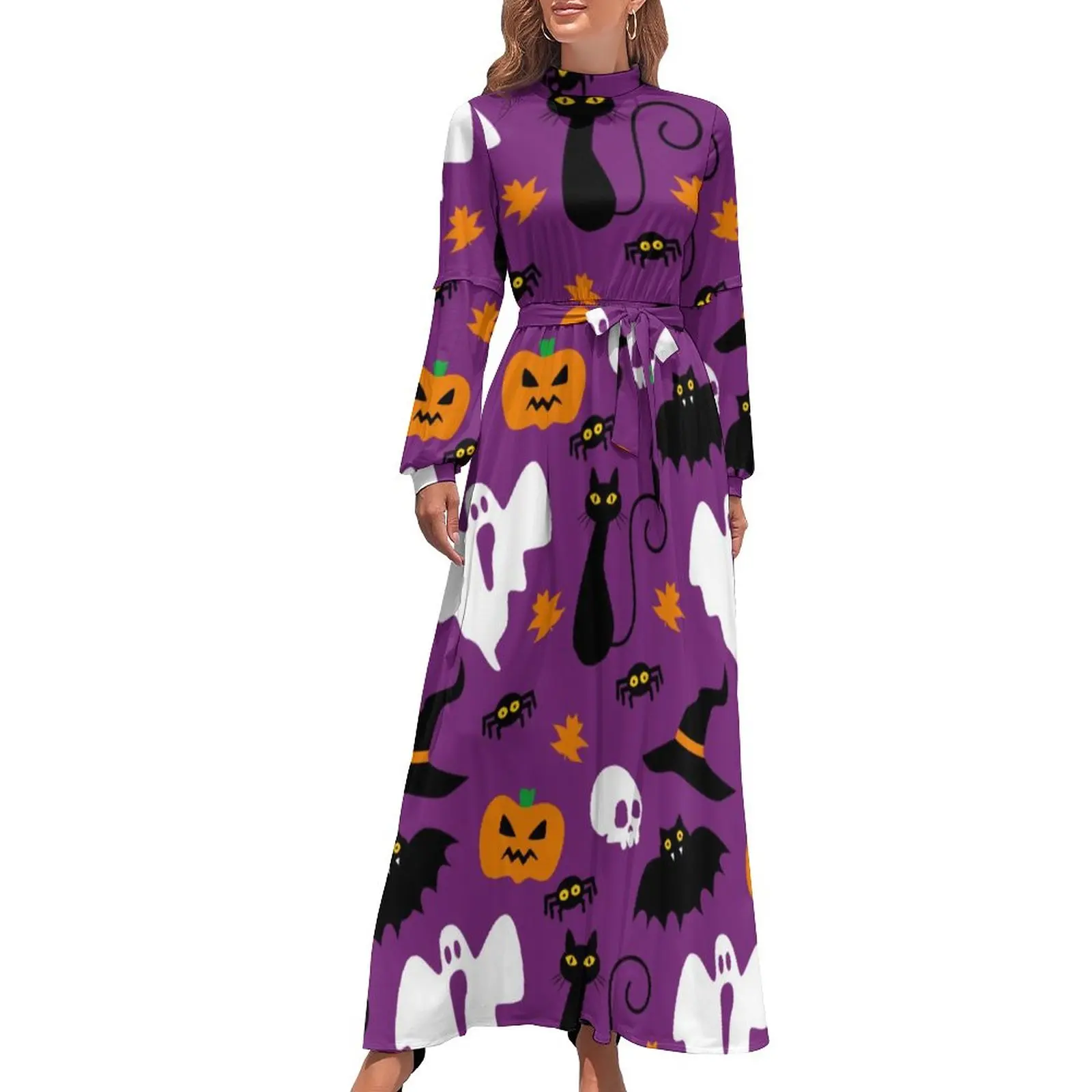 

Cute Halloween Dress Ghost And Skull Print Aesthetic Boho Beach Dresses Female Long Sleeve High Waist Kawaii Long Maxi Dress