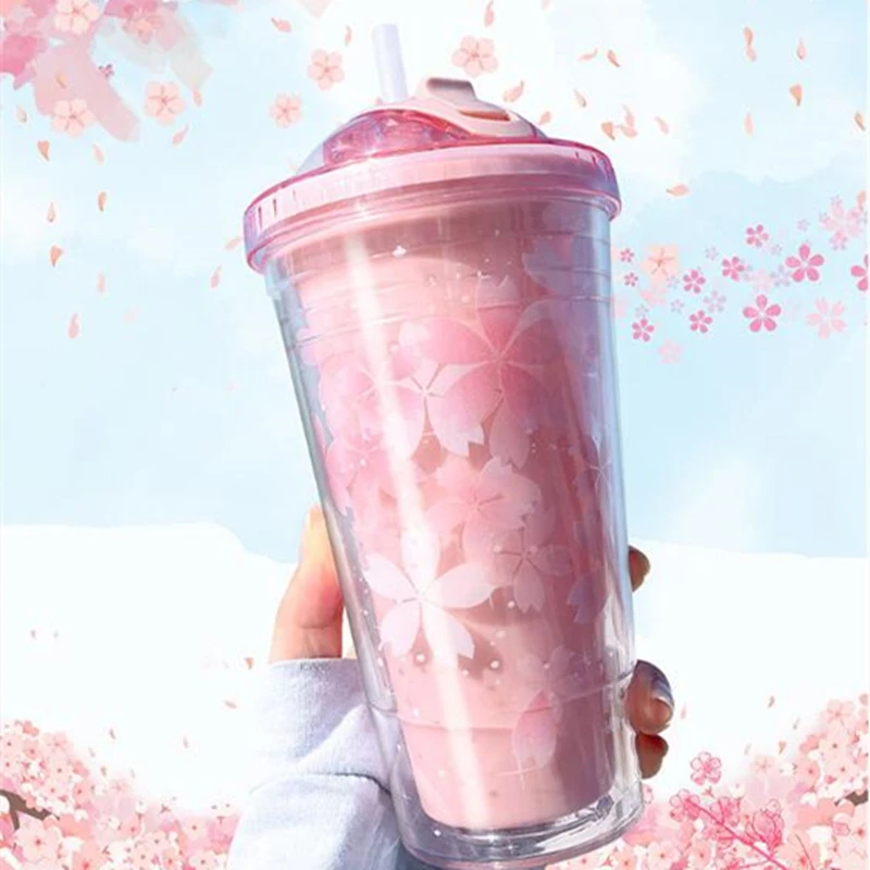 

Creative Water Bottle with Straw Cherry Blossom Theme Straw Cup Plastic Water Cup Double-layer Thermos Cup Cartoon Fruit Student