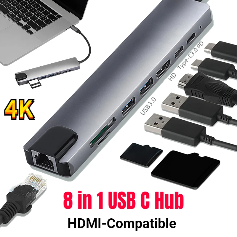 

USB-концентратор 8 в 1, Type C, 3,1 на 4K, HDMI, с кардридером RJ45, SD/TF
