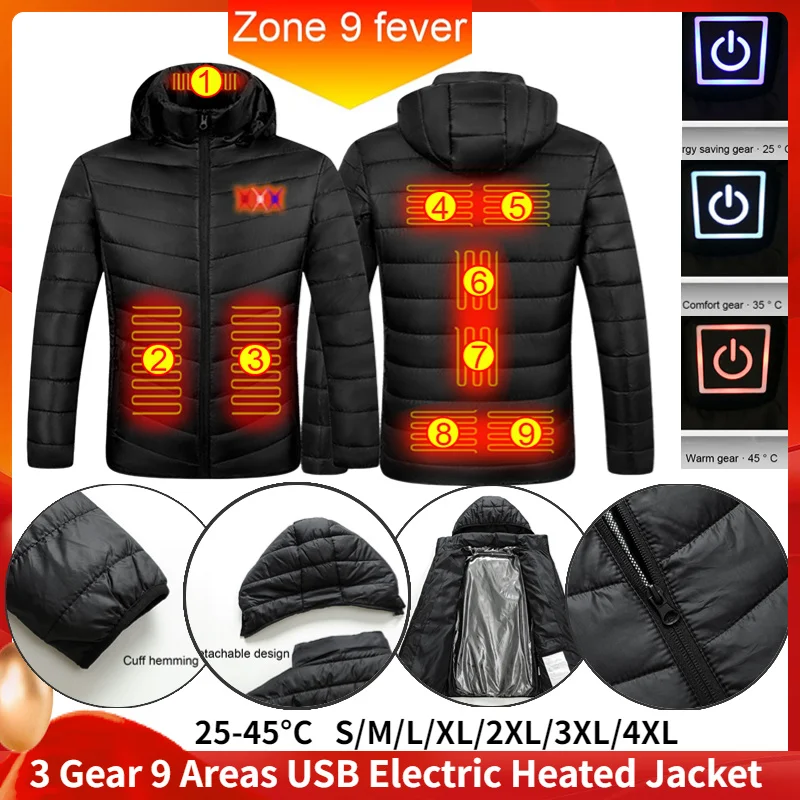 

9 Areas USB Electric Heating Jacket Smart Thermostat Winter Warm Thermal Hooded Coats Waterproof Heated Clothing Warm Jackets