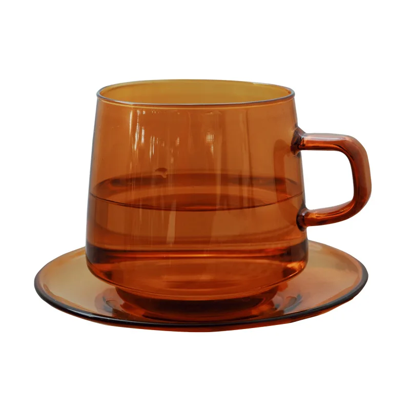 

350ml With tray Handgrip Retro Deep Amber Heat Resistant Glass Cup Latte Hand-made Coffee Tea Mug Gift