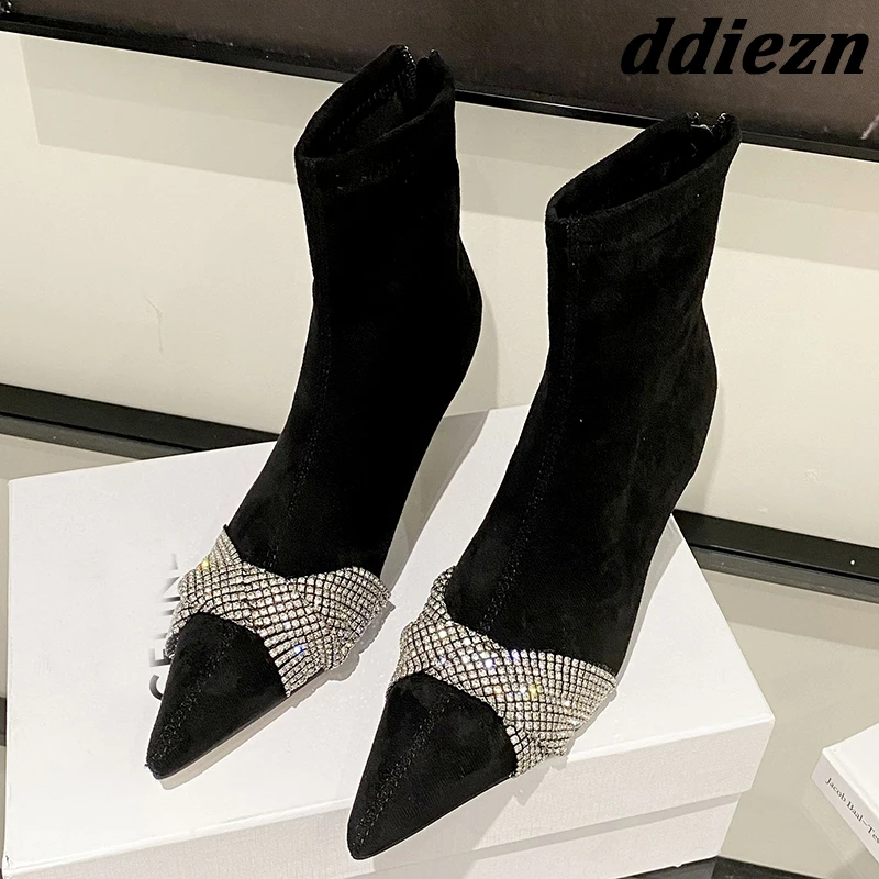 

New 2023 Autumn Spring Women Stretch Boots Fashion Rhinestones Pointed Toe Heel Ladies Modern Ankle Boots Female Pumps Shoes