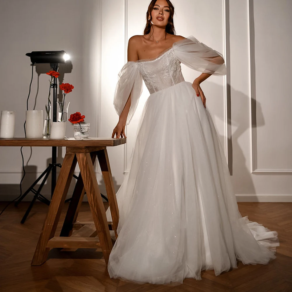 

Morden V-Neck White Wedding Dresses Off Shoulder Lace Puff Sleeve A-Line Backless Dress For Bride Party Gown vestido de novia