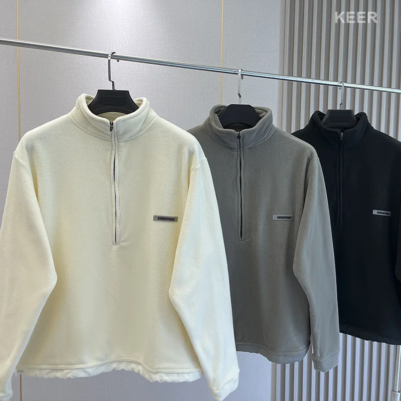 

21SS Essentials Half Zip Hoodies Men's Essentials Polar Fleece Hip Hop Loose Pullover Street Fleece Sweatshirt Zip Harajuku Hood