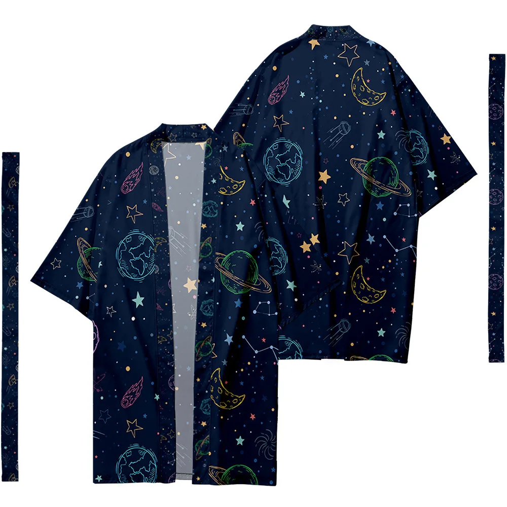 Japanese Men Cardigan Long Kimono And Cargo Pant Samurai Clothing Streetwear Yukata Space Print Kimono Shirt