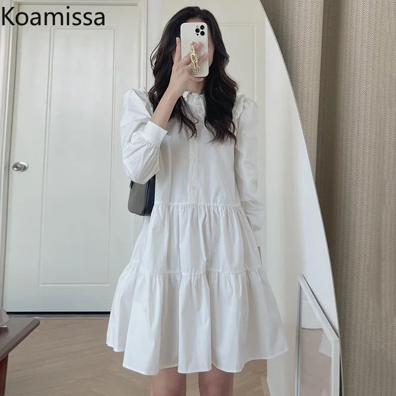 Koamissa 2022 Women Elegant Peter pan Collar Mini Dress Casual Buttons White Shirt Dress Female Puff Long Sleeve Loose Vestidos