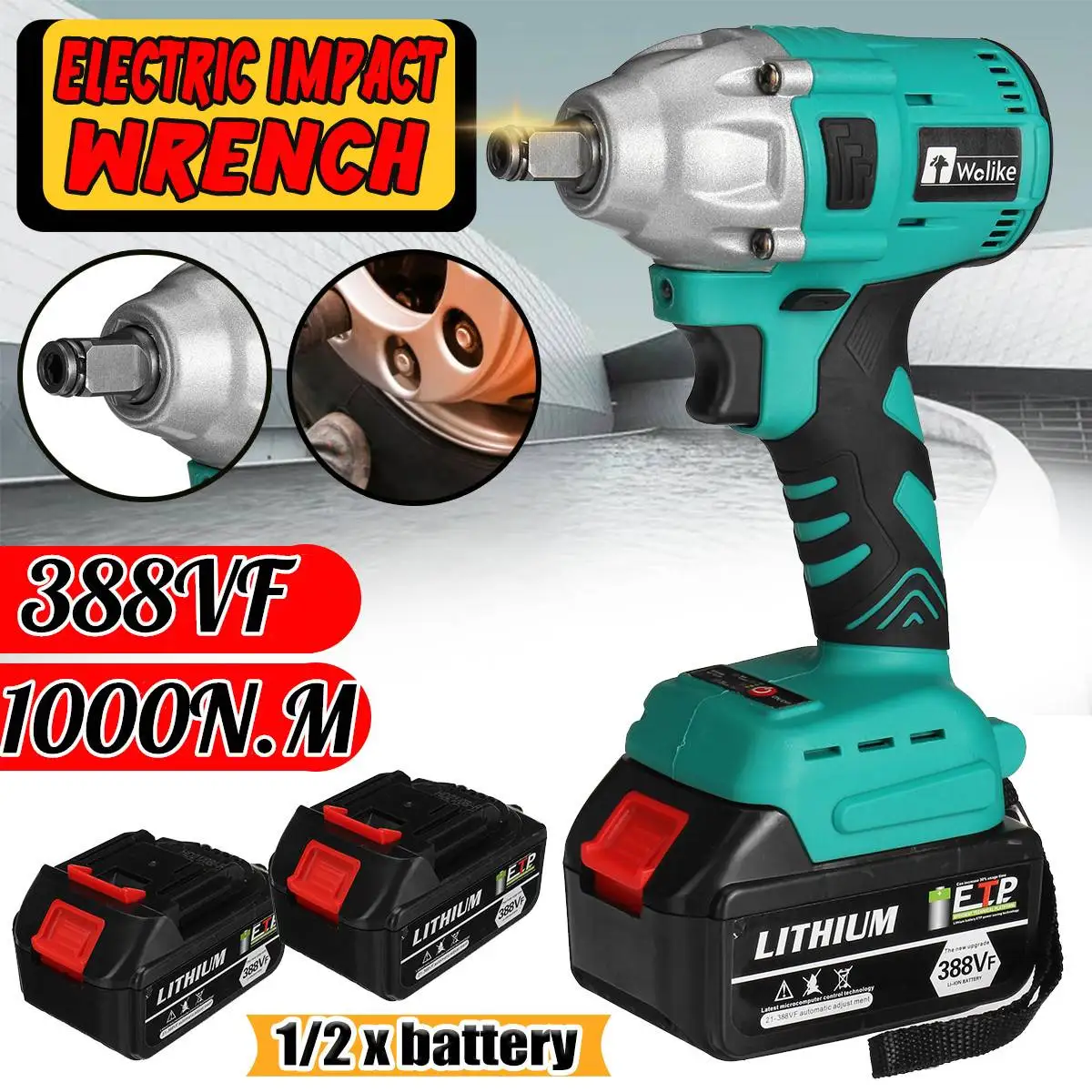 

388VF 1000N.M Brushless Cordless Electric Impact Wrench 1/2 Inch Power Tools 2Pcs High Capacity Battery For Makita 18V Batterry