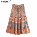 Винтажная шикарная модная женская фиолетовая пляжная юбка с цветочным принтом в богемном стиле, трапециевидная юбка из искусственного хлопка с поясом на резинке, Женская юбка