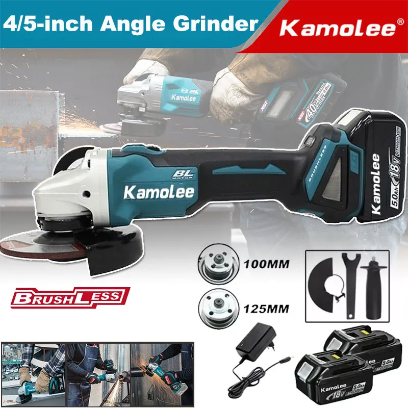 

Kamolee Brushless Cordless Angle Grinder with Battery and Compatible with Makita 18V Battery 3000W 18500RPM 125MM/100MM