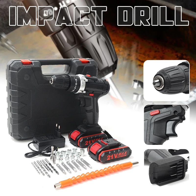 

High-Speed Electric Impact Drill 1350rpm 21V Cordless Lithium Battery Hand Electric Drill Set With Batteries And Accessories
