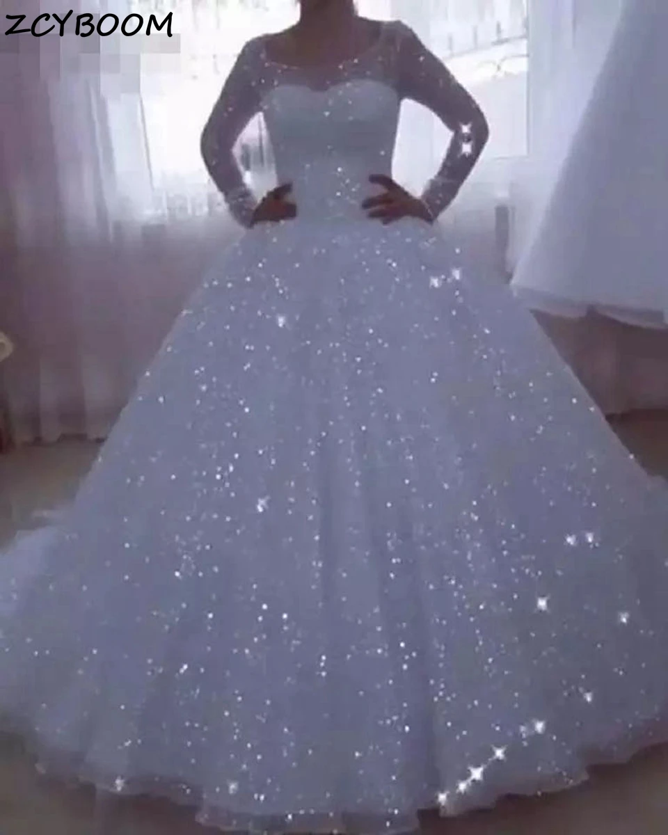 2023 Abito Da Ballo Bianco Abiti Da Sposa Con Paillettes Lucidi Abiti Da Sposa Eleganti Scintillanti Maniche Lunghe Principessa Vestidos De Novia