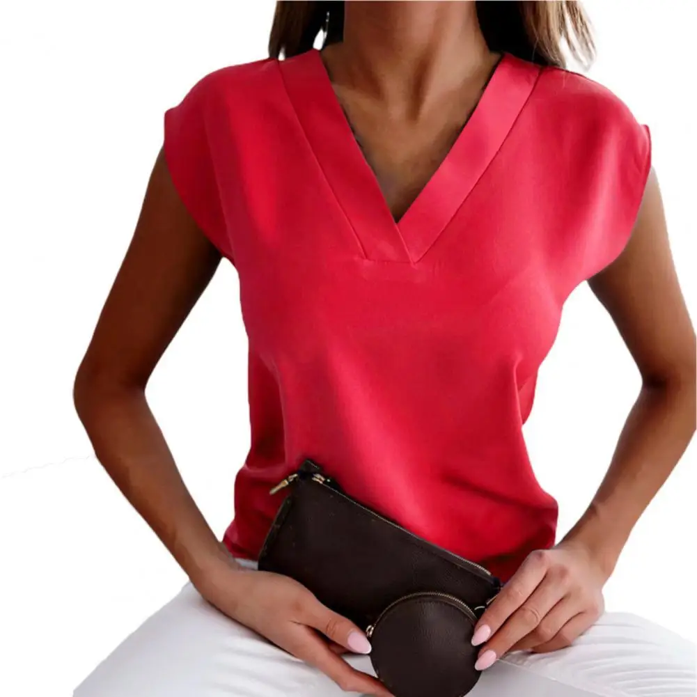 

2022 Fashion Women Blouse Shirt V-neck Short Sleeve Breathable Summer Blouse Elegant Solid Color Casual Lady Shirt Streetwear