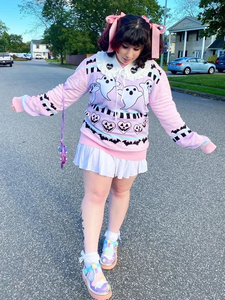 Розовый кавайный свитер Yangelo Женский трикотажный топ готический фотографический