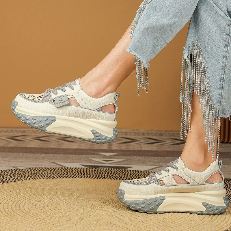 5CM Genuine Leather Comfy Hollow Sandals Breathable Rhinestones Deco Shoe Chunky Sneakers Spring Platform Wedge Women Shoes