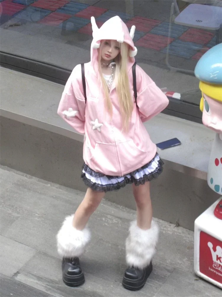Японский Y2K синий худи на молнии для женщин Harajuku Kawaii Wings свитшоты оверсайз Subculture