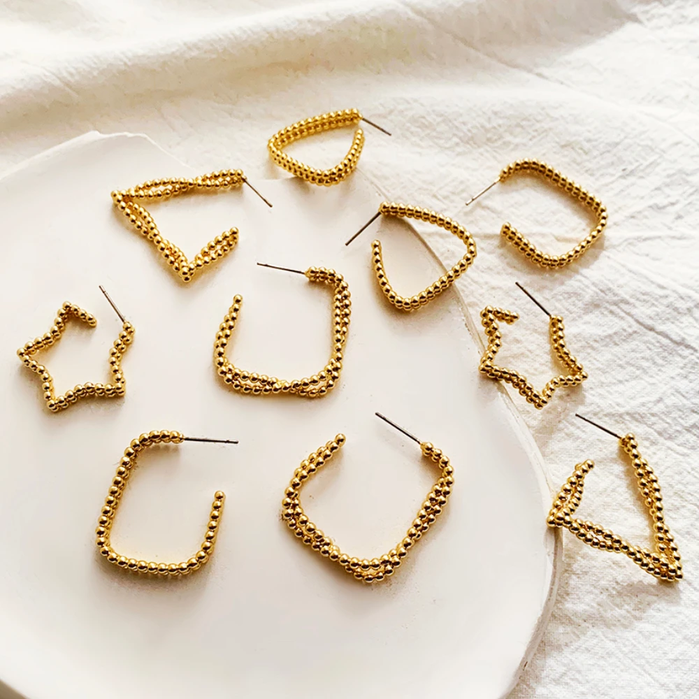 

Punk Golden Metal Beaded Circle Stud Earrings Female Statement Geometric Star Square Piercing Earring Korean Jewelry