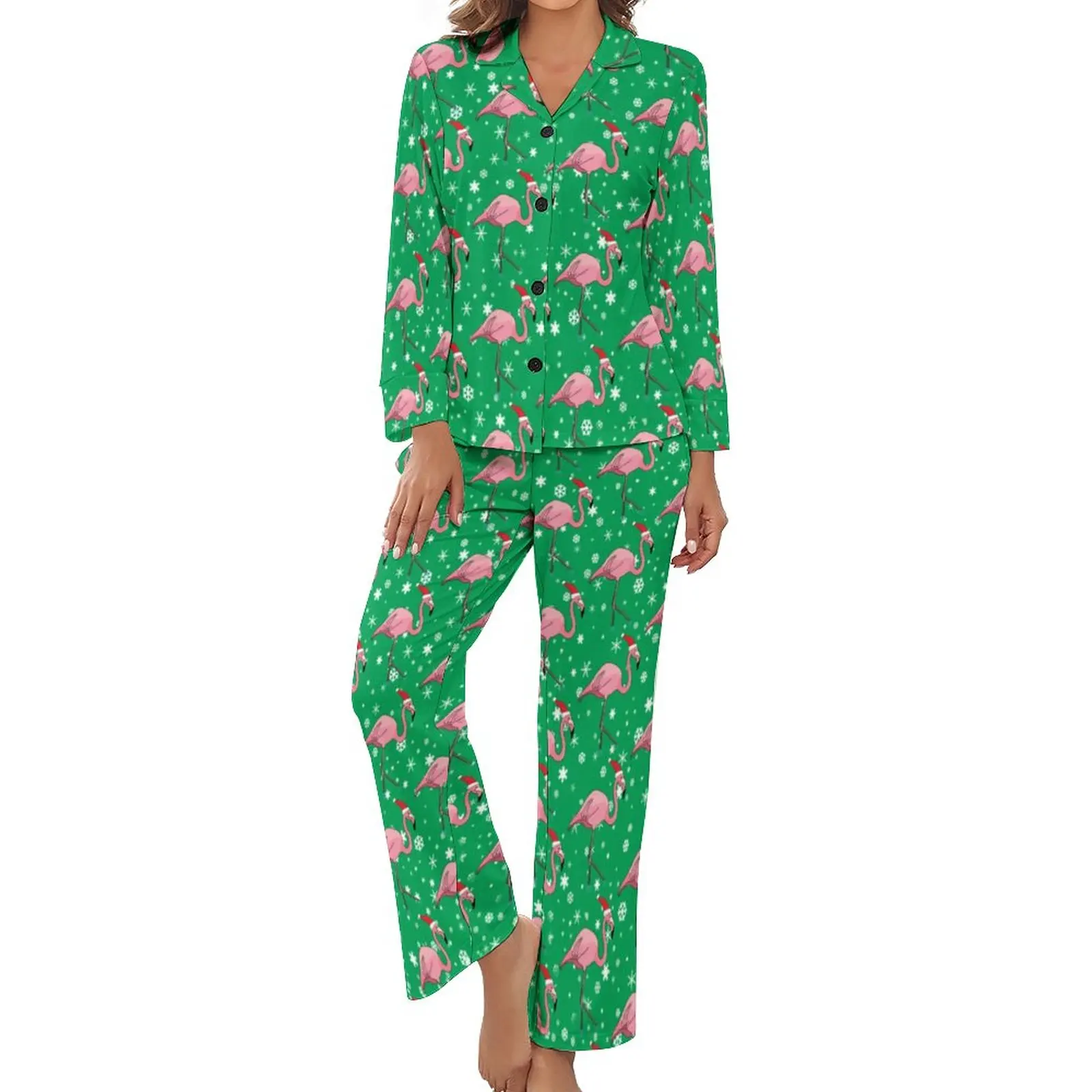 

Cartoon Birds Print Pajamas Long Sleeve Flamingoes Christmas 2 Pieces Sleep Pajamas Set Female V Neck Soft Sleepwear