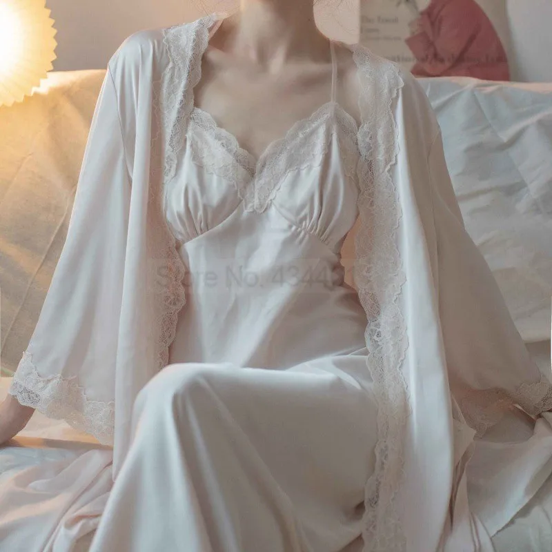 

Ulta Long Lace Trim Sleepwear Lady Satin Robe Set Summer Two Pieces Bathrobe&Strap Nightgown Suit Sexy Nightwear V-Neck Lingerie