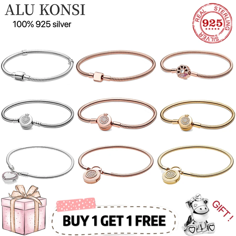 

Hot sale Luxury Original 100% 925 Sterling Silver Snake Chain pan Bracelet Crown Bangle for Women Authentic Charm DIY Jewelry