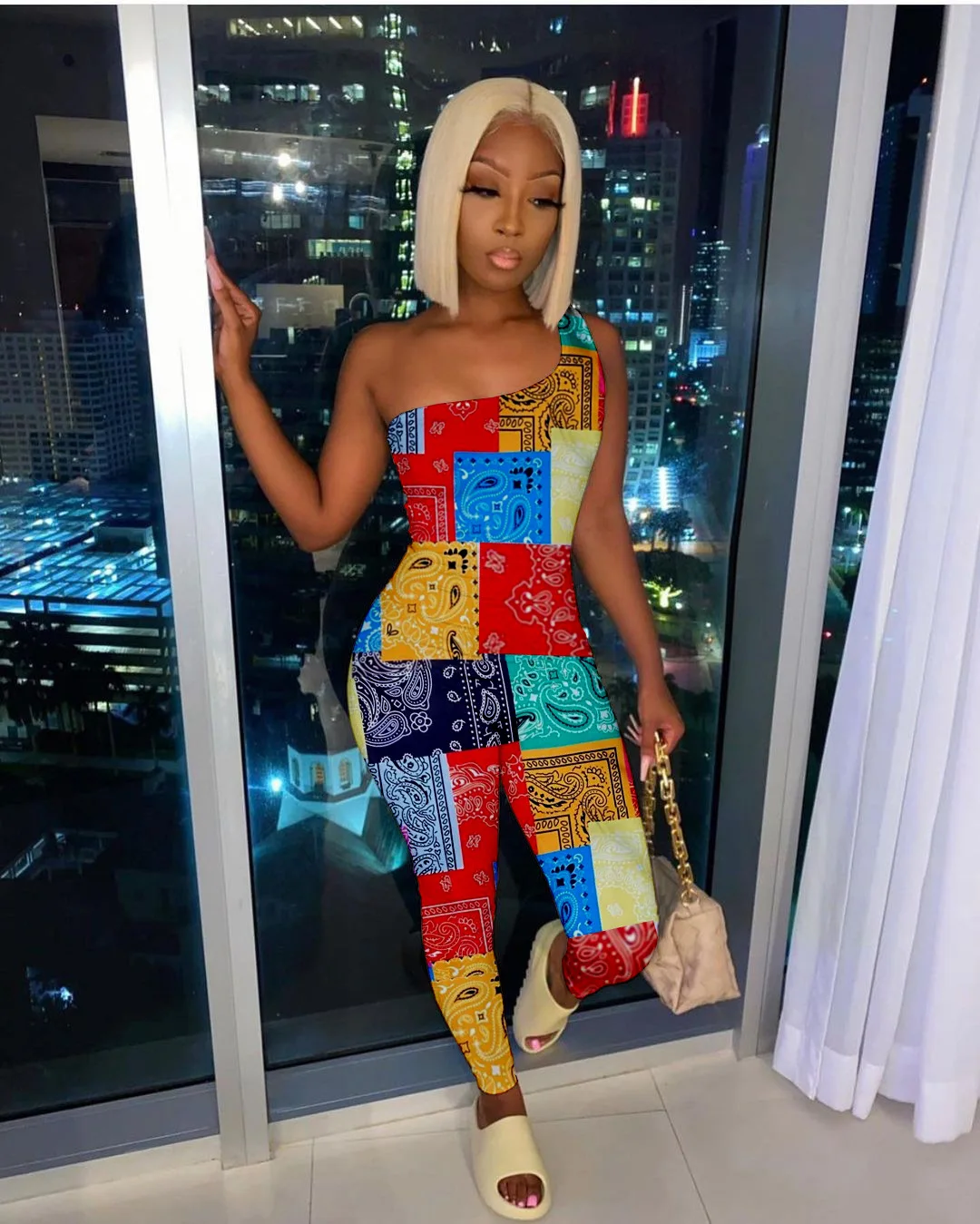 European and American sexy women's fashion personality sleeveless one-shoulder printing casual sports jumpsuit women