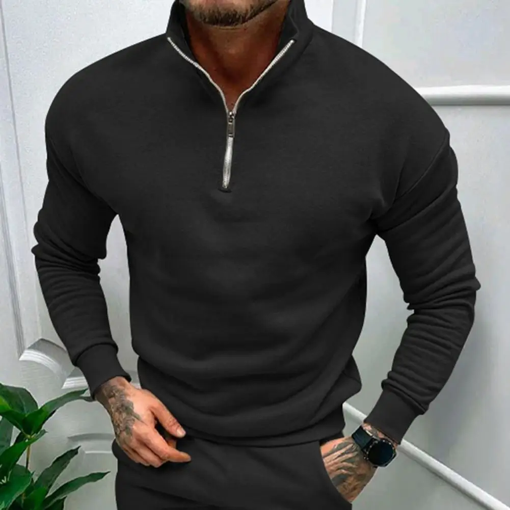 

Long Sleeve Men Sweatshirt Stylish Men's Winter Pullover Warm Stand Collar Slim Fit Soft Elastic Cuffs for Comfort Zip Half-open