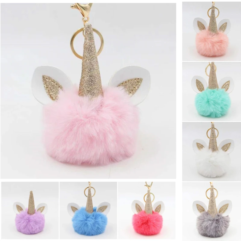 

10Pcs/Lot Glitter Sequin Unicorn Hair Ball Keychain Artificial Pompoms Rabbit Fur Ball Pompom Key Chain Women Bag Car Keyring