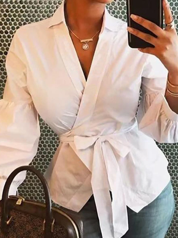 

Elegant Women Blouses Celmia 2023 Summer Long Lantern Sleeve Peplum Top Tunic Sexy V-neck Belted Casual Loose Ladies Thin Shirts