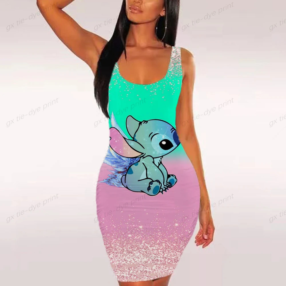 

Disney stitch Print Mini Dress Cartoon Print Women High Street Stretch Bodycon Round Neck Sleeveless Sexy Party Skinny Dresses