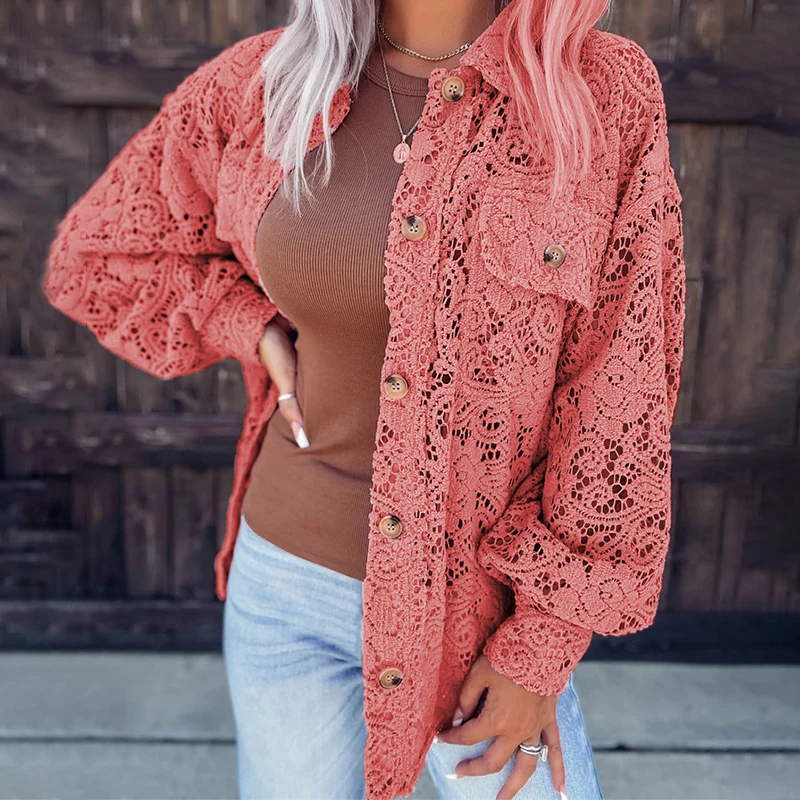 

Женская кружевная куртка на пуговицах, с длинным рукавом