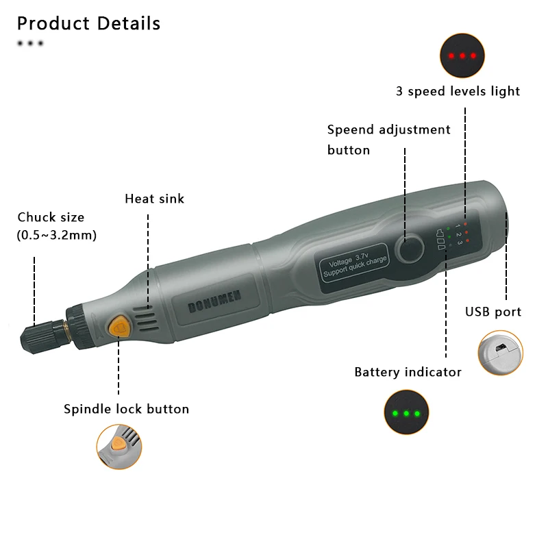 DONUMEH Cordless Drill Mini Grinder Rechargeable Removable Battery Engraving Variable 3 speed adjust Rotary Tool Dremel Engraver 3