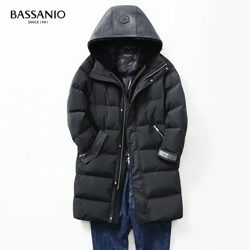 Men Long Solid Color Winter Warm Wool Skin Hooded White Goose Down Coat