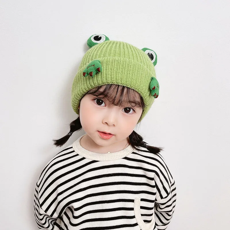 

Children New Winter Cute Cartoon Frog Kids Warm Wool Knitted Beanie Cap Baby Fashion Windproof Striped Bonnet Props Outdoor Hats
