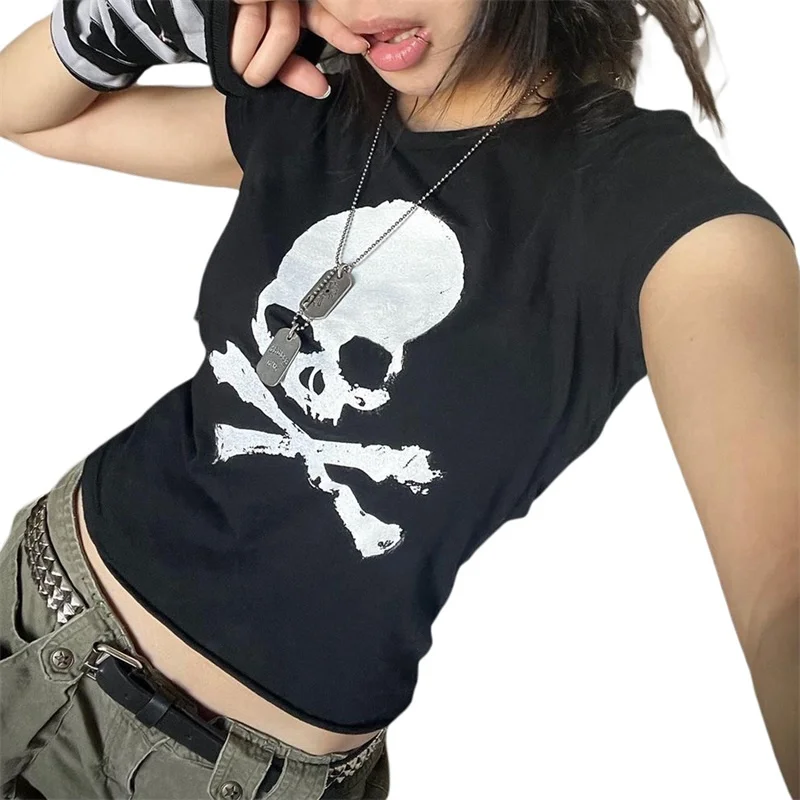 

Женская футболка с коротким рукавом, Готическая Повседневная футболка в стиле 90-х с принтом черепа, Винтажная футболка с графическим принтом, облегающий кроп-топ в стиле панк, лето
