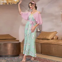 2022 Unique Women's Summer Dress Chic Elegant 3D Flora Embroidery Maxi Dress Saudi Arabian Abaya Short Sleeve Long Skirt Ladies