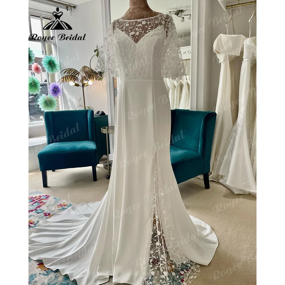 

Elegant Lace Soft Satin Mermaid Wedding Dress with Short Sleeve Sweep Train 2023 Robe De Mariee Civil Bridal Gown Roycebridal
