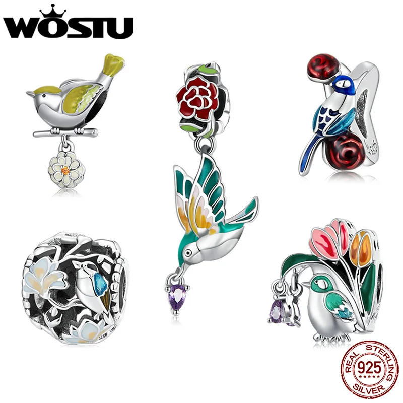 

WOSTU 925 Sterling Silver Flower & bird Charms Beads Spring Begin Series Pendant fit Original Bracelet Necklace Jewelry Making