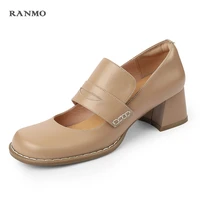 round toe high heels women pumps working casual spring summer new sewing genuine leather mary janes concise shoes woman