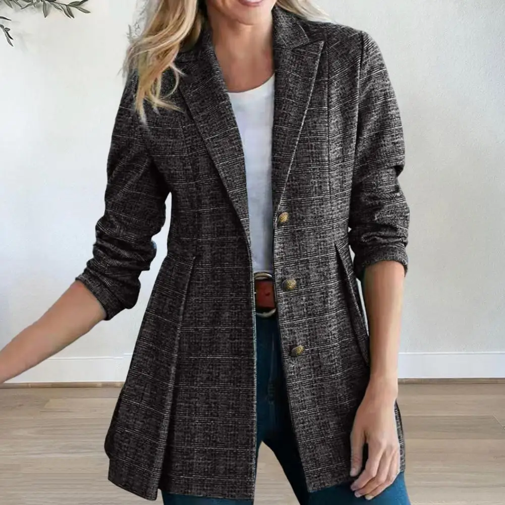 

Trendy Women Autumn Blazer Cardigan Thermal Formal Plaid Print Winter Coat