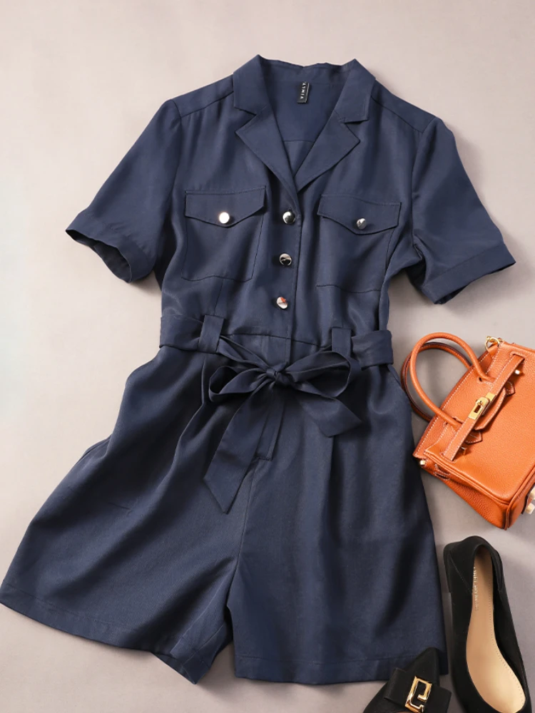 Vimly Summer Short Jumpsuit for Women 100% Lyocell High Waist 2023 Spring Notched Neck Short Sleeve Wide Leg Cargo Pants
