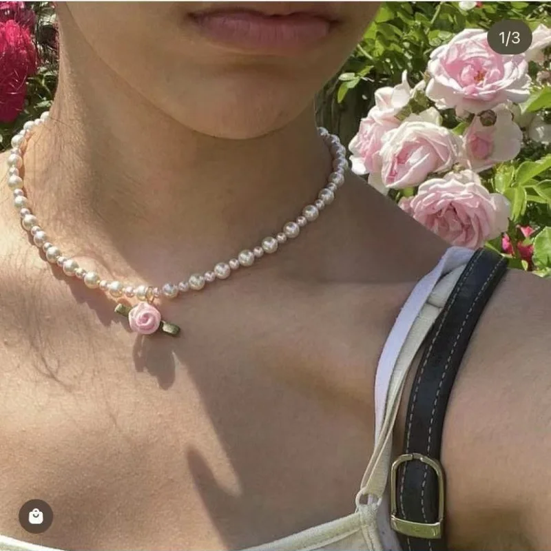 

Women Pearl Rose Flower Pandent Bead Choker Necklace