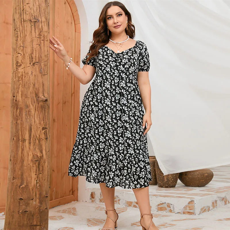Plus Size Summer Dresses for Women 2023 4XL 5XL Womens Floarl Square collar Ruffles Midi Dress Elegant Party Dresses for Ladies