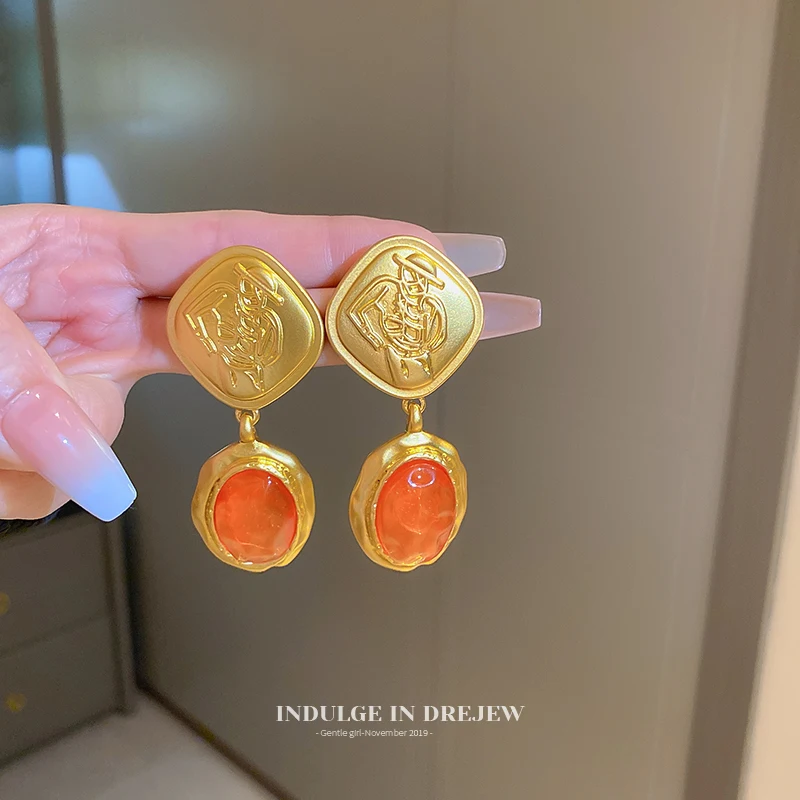 

S925 Silver Pin South Korea And The United States Autumn And Winter Exaggerated Ancient Gemstone Orange Crystal Retro Earrings