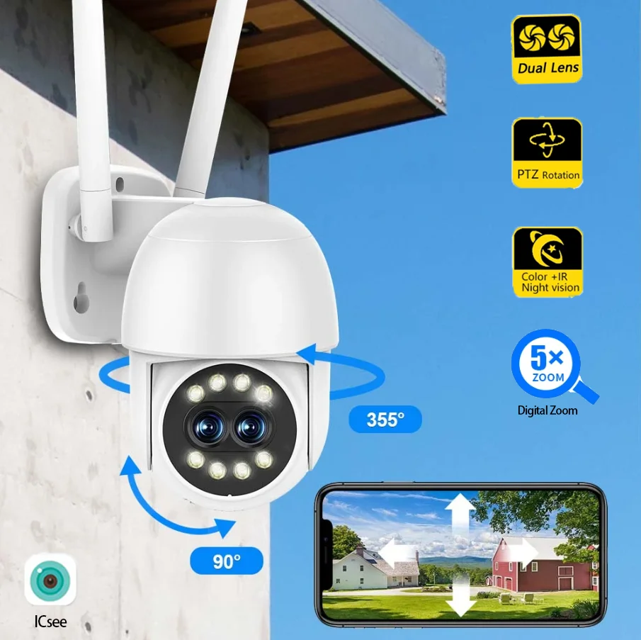Camcamp 4MP Dual Lens Wifi IP Camera Auto Tracking Motion Detect Record 24/7 Hours Outdoor Street 2K Cctv Video Security Cameras