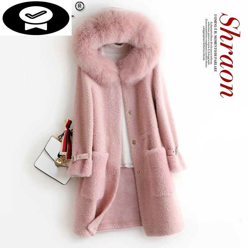 

Fur Hooded Big Fox Collar Coat women Winter 2023 Elegant Real Sheep Shearling Jacket Female Overcoat Manteau Femme Gxy745