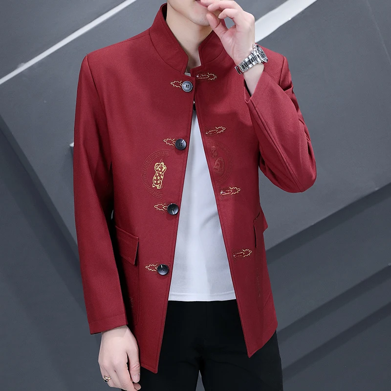 

Four seasons new Chinese style stand-up collar everything fashion trend handsome suit jacket embroidered Tang suit casual coat