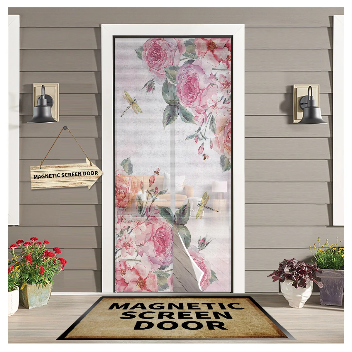 

Pink Flower Dragonfly Watercolor Door Curtain Indoor Insect Mosquito Window Screen Curtain Magnetic Door Mesh for Kitchen Window