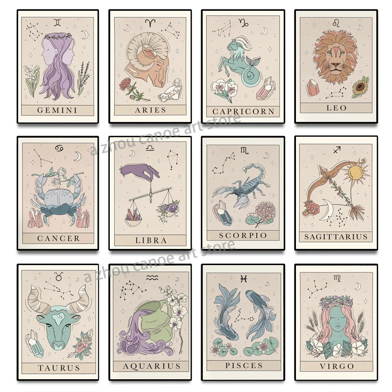 

Horoscope Divination Zodiac Tarot Card Inspired Astrology Constellation Art Poster Canvas Painting Wall Print Picture Home Decor